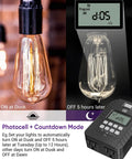 Rock Solid Outdoor Programmable Timer Featuring Weather Sealed Dual Grounded Outlets And Automatic Photocell Switches For Porch Lighting showing light on and off settings.