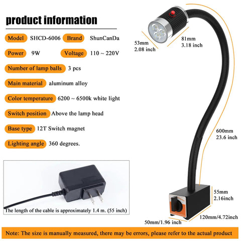 Heavy Duty Magnetic Work Light With 23 Inch Flexible Gooseneck Ultra Strong 12T Magnet Base LED Machine Lamp specifications