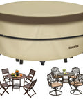 Heavy Duty Waterproof 600D Canvas Round Patio Furniture Cover For All Season Protection Fits Round Tables Up To 48 Inch Diameter And Chairs Durable Outdoor Cover shown protecting round patio set