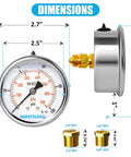Hansfelds 0-100 psi liquid-filled pressure gauge, front view, 2.5 in dial, stainless steel back-mount, 1/4 in NPT