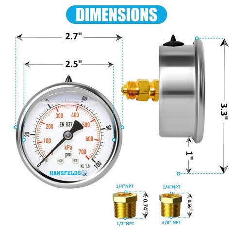 Hansfelds 0-100 psi liquid-filled pressure gauge, front view, 2.5 in dial, stainless steel back-mount, 1/4 in NPT