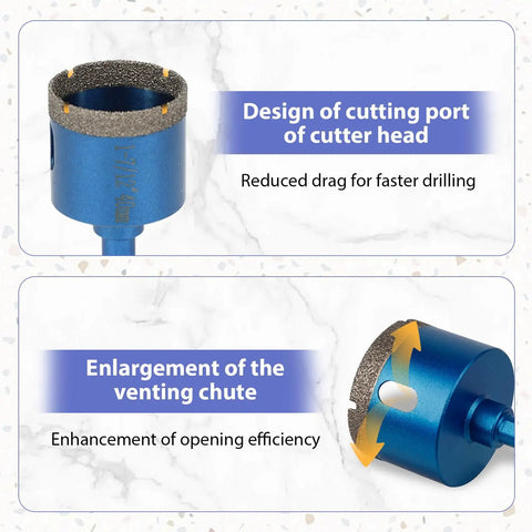 Close-up of Built Like A Tank Heavy Duty Diamond Hole Saw Set showing cutting port design and venting chute for efficient drilling.