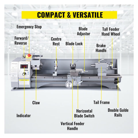 Heavy Duty 8 X 32 Inch Mini Metal Lathe Machine 850W Variable Speed Motor 50 To 2500 RPM Precision Turning showing controls and features.