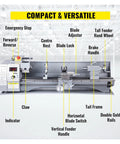 Diagram highlighting features of 8 Inch X 32 Inch Extended Mini Metal Lathe Machine With Chuck, 850 Watt Motor, Variable Speed 50-2500 Rpm.