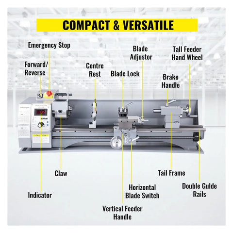 Diagram highlighting features of 8 Inch X 32 Inch Extended Mini Metal Lathe Machine With Chuck, 850 Watt Motor, Variable Speed 50-2500 Rpm.