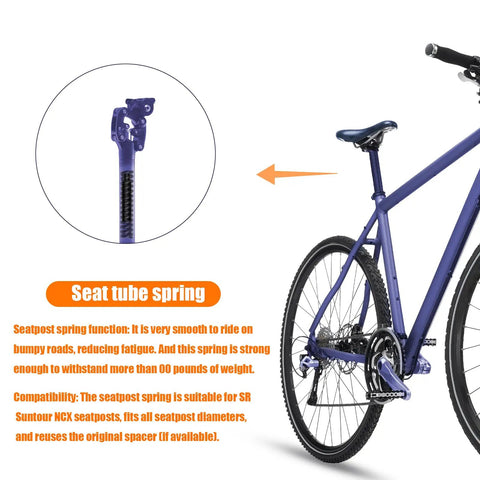 Universal Seatpost Spring For A Smoother City Ride Fits SR Suntour NCX Seatposts, shown on a blue bike emphasizing attachment.