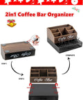 Wooden Coffee Station Organizer With 2-In-1 Pod Drawer And Tea Bag Holder, assembly process shown, six-compartment setup.