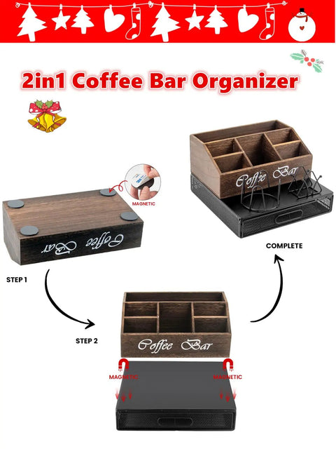 Wooden Coffee Station Organizer With 2-In-1 Pod Drawer And Tea Bag Holder, assembly process shown, six-compartment setup.