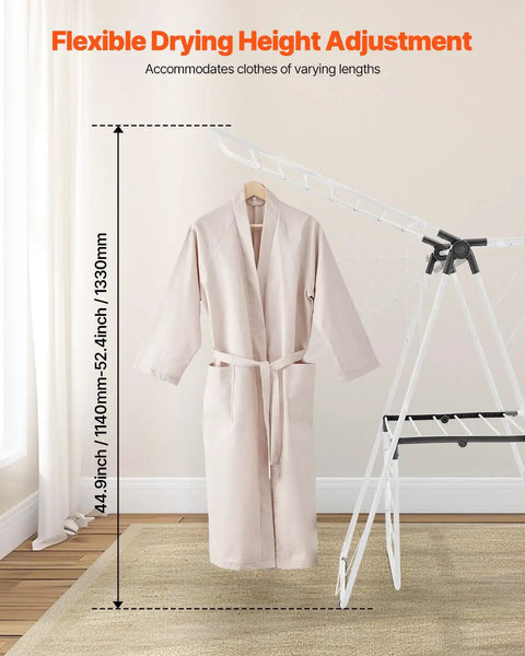 Heavy Duty Two Tier Clothes Drying Rack With 31 Sturdy Rods And Sock Clips Foldable Metal Laundry Stand showing adjustable height with a robe.
