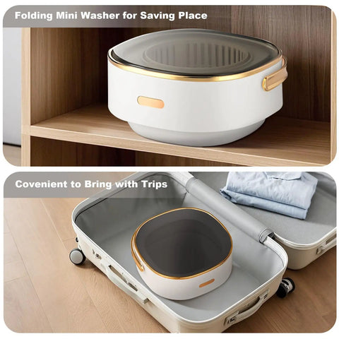 Slick Collapsible Mini Washing Machine With 13L Spin Basket And Quick Flip Design inside a suitcase for travel convenience.