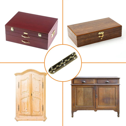 Heavy Duty Metal Piano Hinges Sleek Bronze Finish 90 Degree Long Folding Box Hardware displayed with wooden boxes and cabinets.