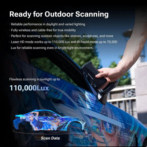 Rockit Wireless Laser 3D Scanner being used for scanning a blue, reflective car surface outdoors.