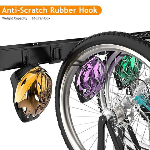 Six Bike Storage Rack With Five Hooks For Garage Wall Mount Vertical Bicycle Hanger showing helmet hooks and bike wheel on 64 inch rail.