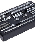 Fifteen Piece Socket And Accessory Tool Kit With Lockable Stackable Tray One Quarter Inch And Three Eighths Inch Drives in tray