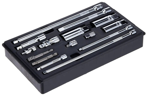 Fifteen Piece Socket And Accessory Tool Kit With Lockable Stackable Tray One Quarter Inch And Three Eighths Inch Drives in tray