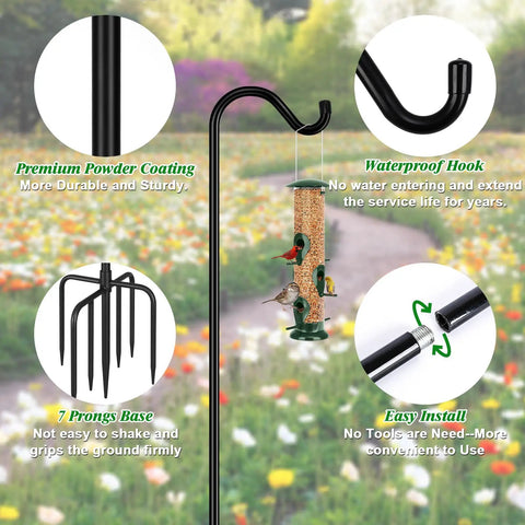 76 Inch Bird Feeder Pole With Heavy Duty Shepherds Hook Base shown with ground stake, waterproof hook, and easy installation features.