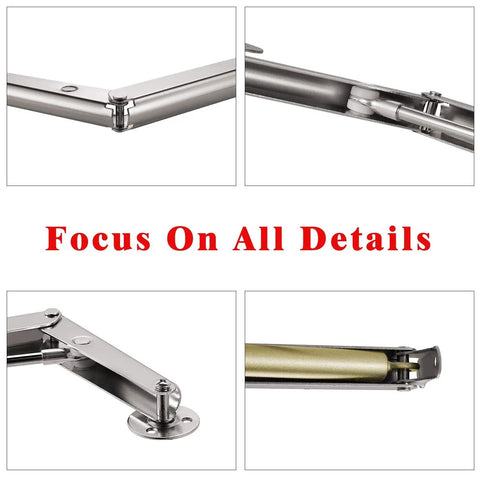 Detail view of rugged steel Gas Struts 200N 30Lb Heavy Duty Safety Pneumatic Hinges with slow lowering for cabinets and boxes.