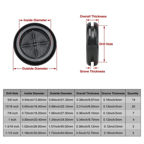 Diagram of DIY Ready All In One Rubber Grommet Kit For Wiring With 51 Black Grommets in Six Hole Sizes, dimensions labeled.
