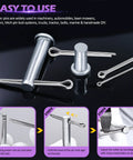 140Pcs Cotter Pin Assortment Kit With 6 Sizes M1.6x25mm M2.5x25mm M2.5x30mm M3.2x30mm M3.2x40mm M4x60mm Heavy Duty 304 Stainless Steel Hairpin Split Pin Fasteners For Machinery Automotive And DIY Projects displayed on a black background with installation steps.