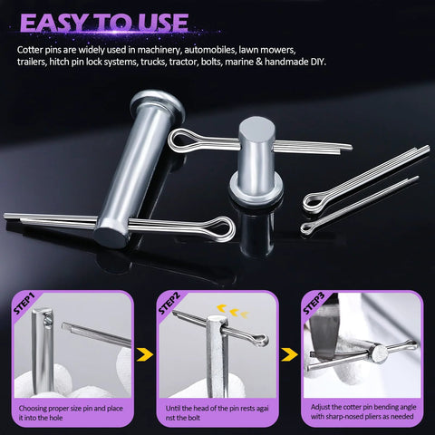 140Pcs Cotter Pin Assortment Kit With 6 Sizes M1.6x25mm M2.5x25mm M2.5x30mm M3.2x30mm M3.2x40mm M4x60mm Heavy Duty 304 Stainless Steel Hairpin Split Pin Fasteners For Machinery Automotive And DIY Projects displayed on a black background with installation steps.