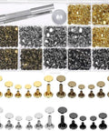 All In One Leather Rivet Kit With 480 Sets Double Cap Tubular Metal Studs Four Colors And Three Sizes and setting tools displayed.