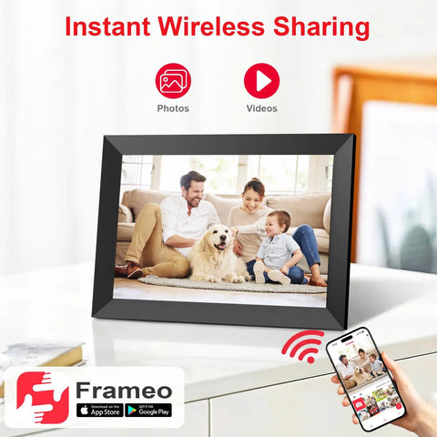 10.1 Inch WiFi Digital Photo Frame With 1280x800 HD IPS Touch Screen Auto Rotate Wall Mountable, showing family photo display