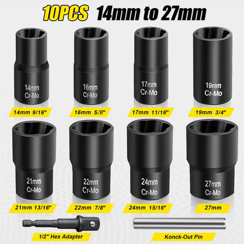 10 Piece Bolt Extractor Set For Damaged Or Rounded Bolts And Lug Nuts 1/2 Inch Drive Impact Wheel Lock Remover Kit sizes 14-27mm