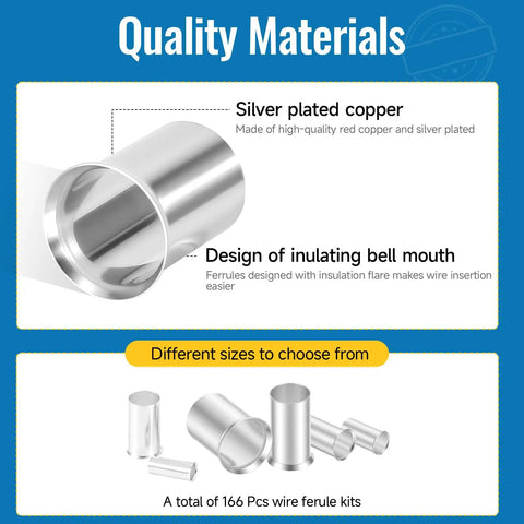 Pro Grade 166 Piece Wire Ferrules Kit With Silver Plated Copper Crimp Terminals showing different sizes and design features