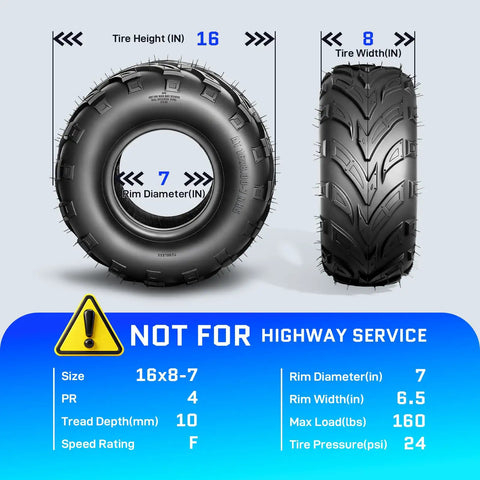 Go Kart Tires 145/70-6 4 Ply Tubeless Directional Tread For Sand Mud Trail Replacement Set with dimensions and safety warning