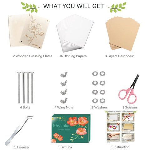 Components of Pro Grade Eight Layer Flower Press Kit 6.3 By 8.3 Inch Wooden Flower Press for Kids and Adults displayed.