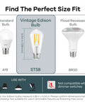 Comparison chart of ST58 Tunable WiFi Edison Bulb with A19 and BR30, showing dimensions and fixture compatibility.