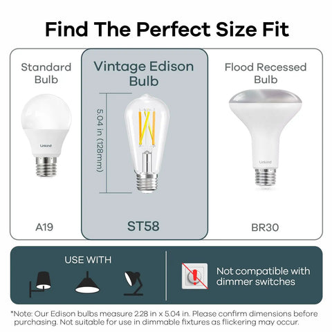 Comparison chart of ST58 Tunable WiFi Edison Bulb with A19 and BR30, showing dimensions and fixture compatibility.