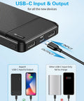 Close-up of Two Pack 10000mAh Portable Charger Power Bank With Dual USB Ports, showing USB-C input and output connections.
