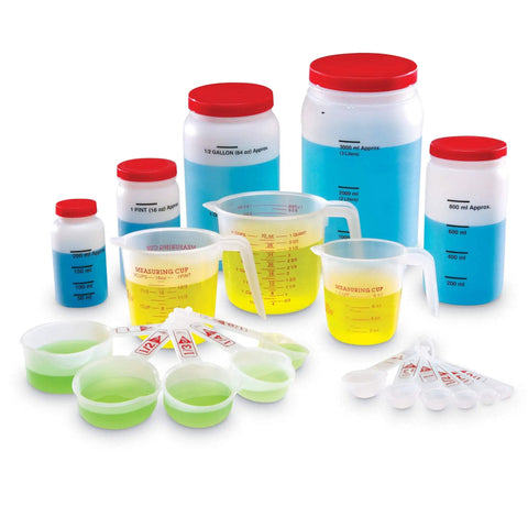 Hands-On Liquid Measuring Set For Kids, 19-Piece Classroom Lab Kit With Measuring Jars, Cups, Spoons And Liquid Measurers, Perfect For Science Experiments And Learning Liquid Volumes, Ages 5 And Up displayed with colorful liquids