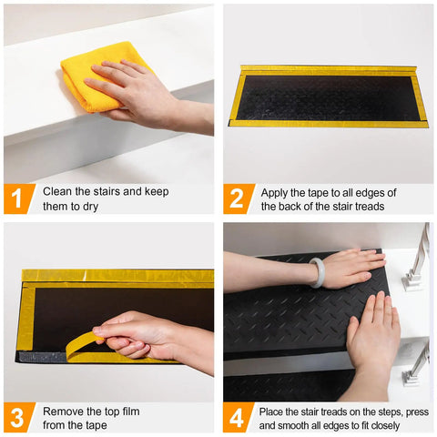 Installation steps for Non Slip Rubber Stair Treads 29.69 By 9.85 Inches Six Pack Durable Outdoor Step Mats with nosing.