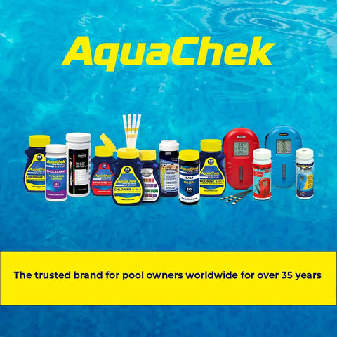 Row of AquaChek water quality test products including 7-Way Pool and Spa Test Strips for pH and chlorine on blue water background.