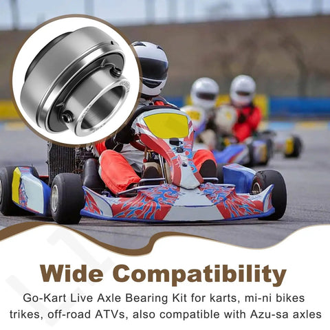 1 Inch Live Axle Bearing Kit Fits Azusa Axles And Common Kart Builds Including Mini Bikes Trikes And Off Road ATVs Three Hole Flangettes Mounting For Easy Install And Solid Reliable Support featuring go-kart action shot