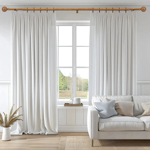 Wood Curtain Rod Set With Adjustable 36 To 120 Inch Length, 1 Inch Diameter, Imitation Wood Grain Finish over white curtains and sofa.
