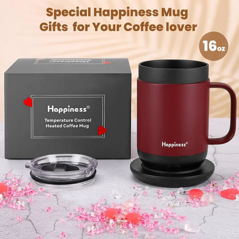 Smart Self Heating Coffee Mug With Precise Temperature Control And Marathon Battery Life, 16 oz heat control tumbler with lid, red design.