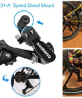 Rear Derailleur RD-TZ31-A for 6/7 Speed Mountain Bikes with Direct Mount in detailed view and installed on black bicycle.