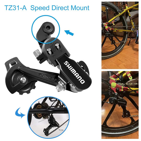 Rear Derailleur RD-TZ31-A for 6/7 Speed Mountain Bikes with Direct Mount in detailed view and installed on black bicycle.