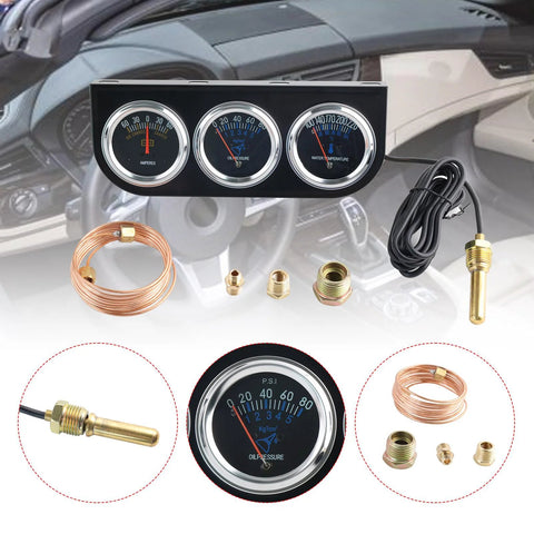 BAGARAATAN triple gauge kit with 2'' chrome oil pressure, water temp, AMP gauges; copper line and brass fittings.