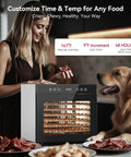 Top Shelf Eight Tray Stainless Steel Food Dehydrator With No Sweat Temperature Tuning, woman using it with dog nearby.