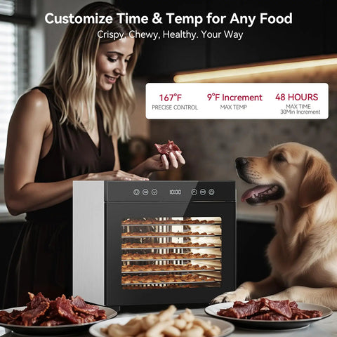 Top Shelf Eight Tray Stainless Steel Food Dehydrator With No Sweat Temperature Tuning, woman using it with dog nearby.