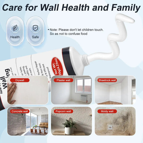 2 Pack Drywall Repair Kit With Quick Dry Spackle For Patching Holes And Cracks, includes plaster, wall examples, care instructions.