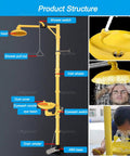 Vertical Emergency Eyewash Station With Shower, industrial grade, yellow structure, large shower head, dust covers, pedal operated