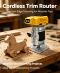Built Like A Tank Cordless Trim Router With 800W Brushless Motor And 30000 Rpm Five Speeds Compatible With Dewalt 20V Batteries Plus Edge Guide And Dust Hood For Seamless Woodworking Jobs on a wooden workbench next to a carved toy horse.