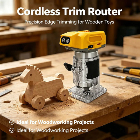 Built Like A Tank Cordless Trim Router With 800W Brushless Motor And 30000 Rpm Five Speeds Compatible With Dewalt 20V Batteries Plus Edge Guide And Dust Hood For Seamless Woodworking Jobs on a wooden workbench next to a carved toy horse.
