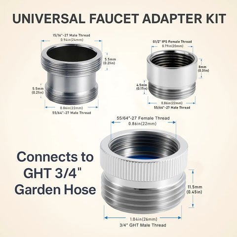 Heavy Duty 3 Piece Faucet Adapter Kit That Instantly Connects Kitchen Sink To Garden Hose Universal Bathroom Shower Converter with measurements.