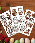 Spring Season Reusable Art Stencils For Painting 12 Piece Collection featuring heart, clover, rabbit designs on white plastic sheets.